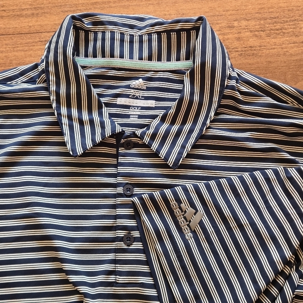 Adidas Men's 2XL Golf Polo 2 Color Striped Blue and White Shirt Side Slits - Picture 9 of 12